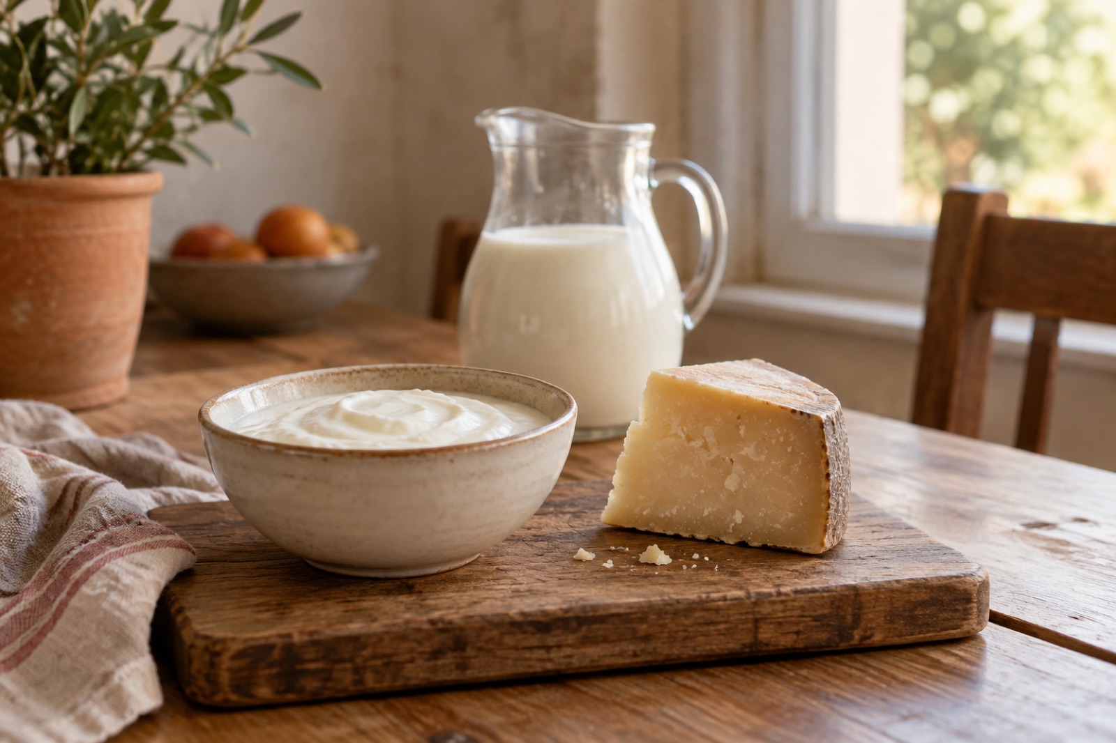 A bowl of yogurt and a block of cheese on a cutting board on a sunny kitchen table, with a glass pitcher of milk behind them