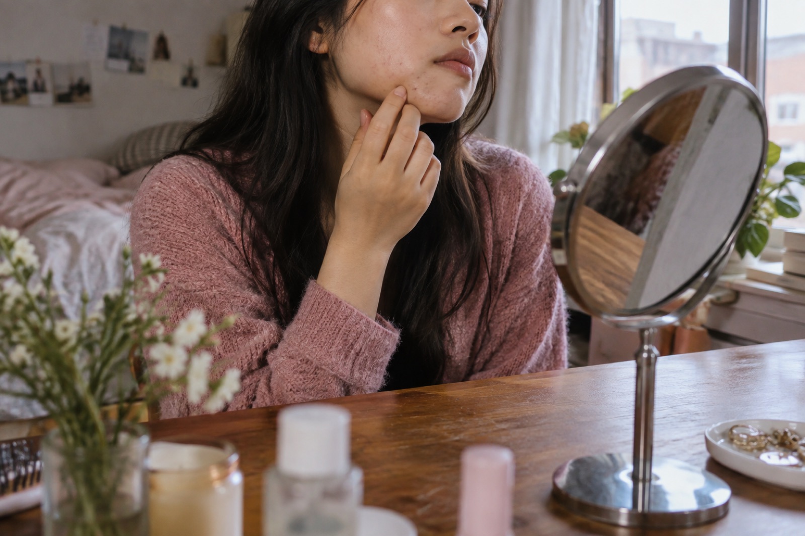 창가 책상의 둥근 탁상 거울 앞에서 턱 옆 볼을 손끝으로 짚어 보는 긴 머리 여성