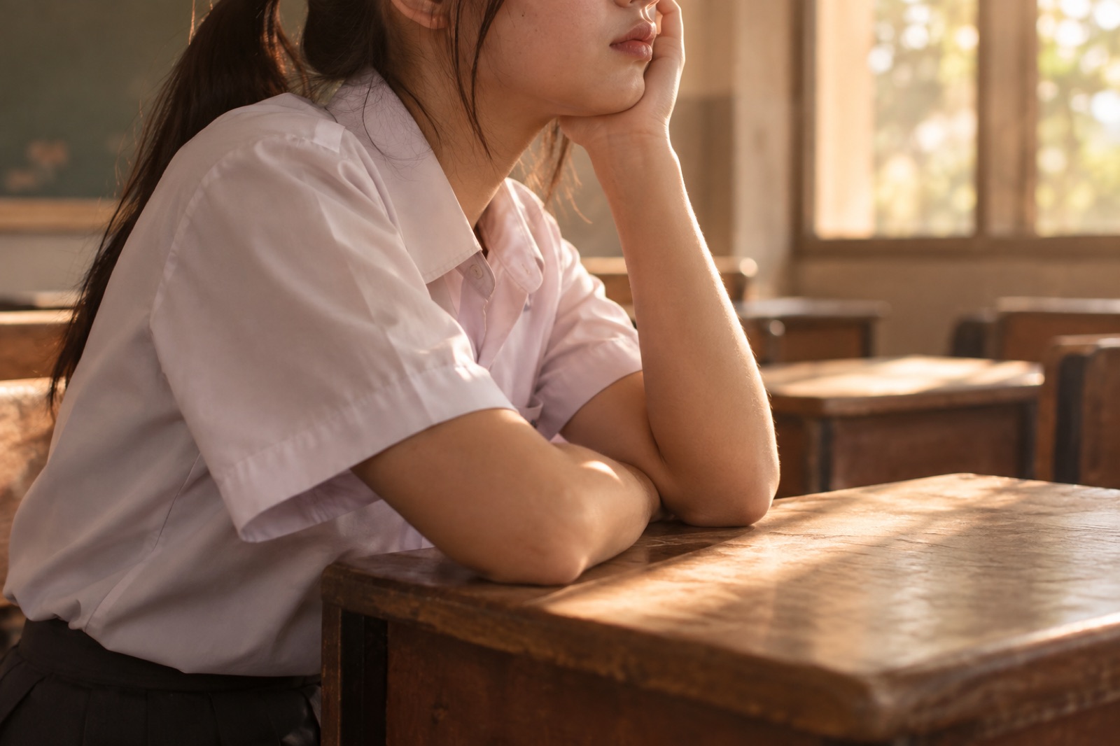 Estudyanteng naka-short sleeves na nakapatong ang siko sa kahoy na mesa sa maaraw na classroom, sinasalo ng isang kamay ang pisngi at baba