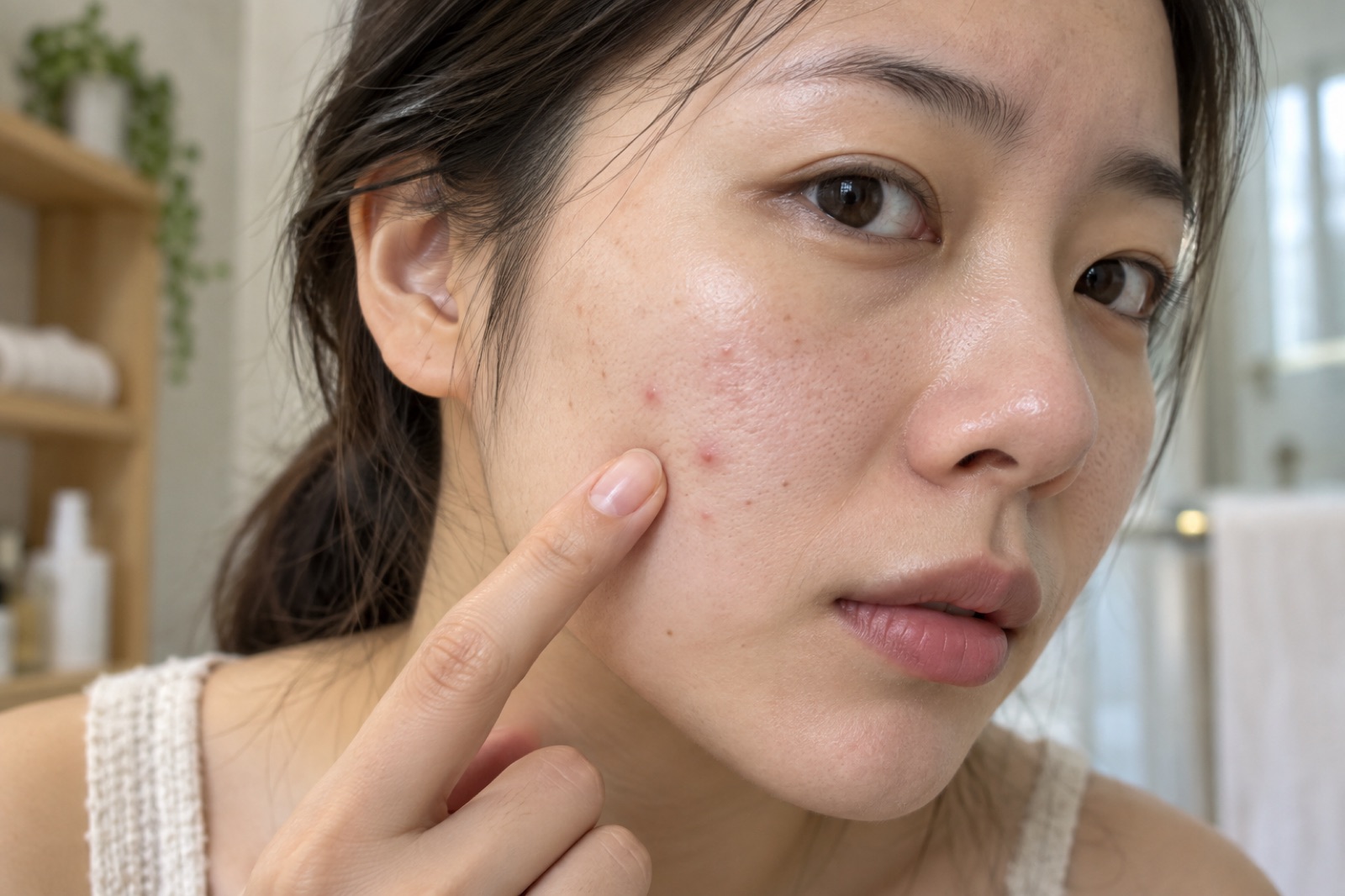 Close-up of a woman with her hair tied back, pointing her index finger at her cheek near the ear, with two or three small red bumps beside it