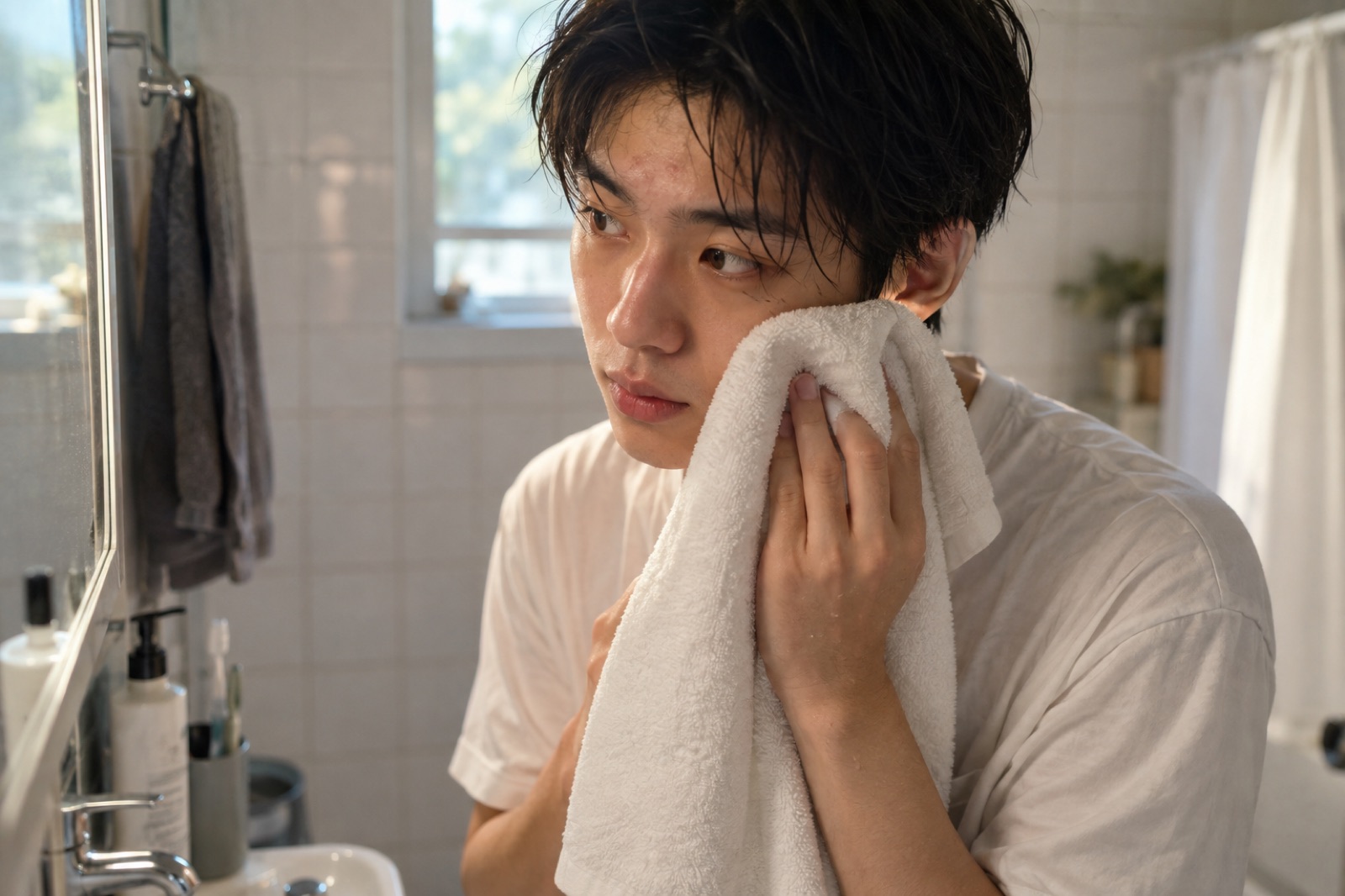 A young man with wet bangs in a white T-shirt holding a white towel to his cheeks with both hands in a bathroom
