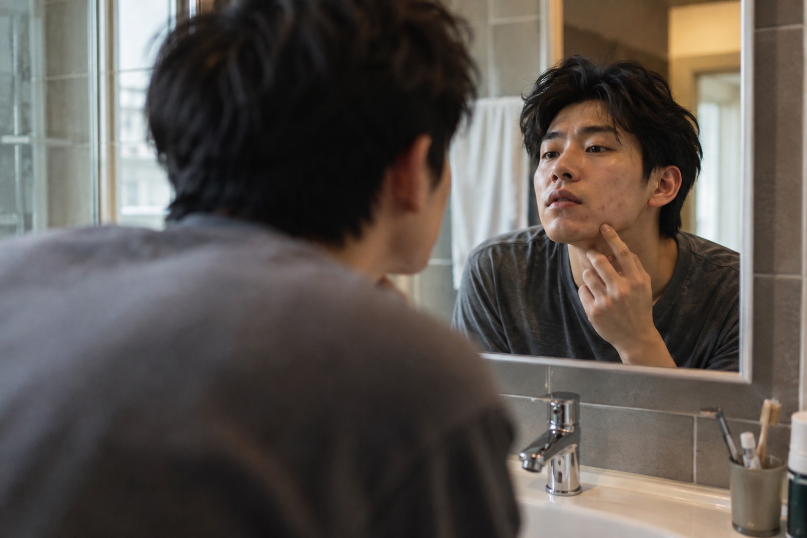 A man in a gray T-shirt in a bathroom sink mirror, touching the side of his chin with his fingers as he studies his face