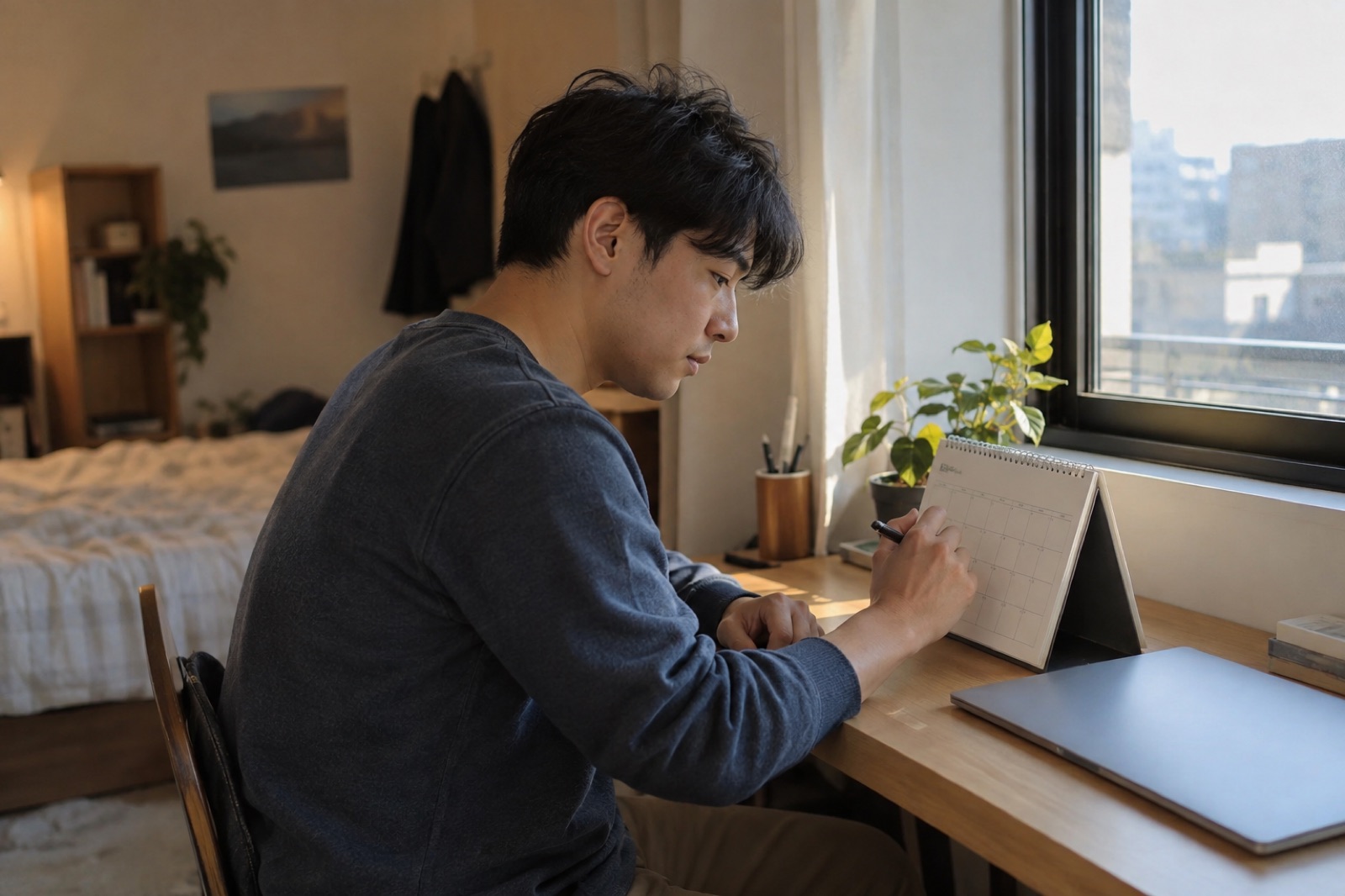 남색 긴소매 티셔츠 차림 남성이 햇살 드는 창가 책상에 앉아 펜으로 탁상 달력 칸에 무언가를 적는 모습