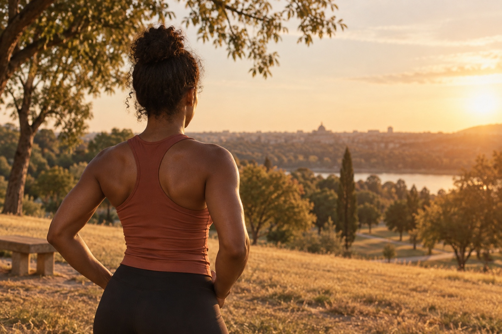 A woman in a brick-red racerback tank top standing with her hands on her hips, seen from behind in a hilltop park at sunset