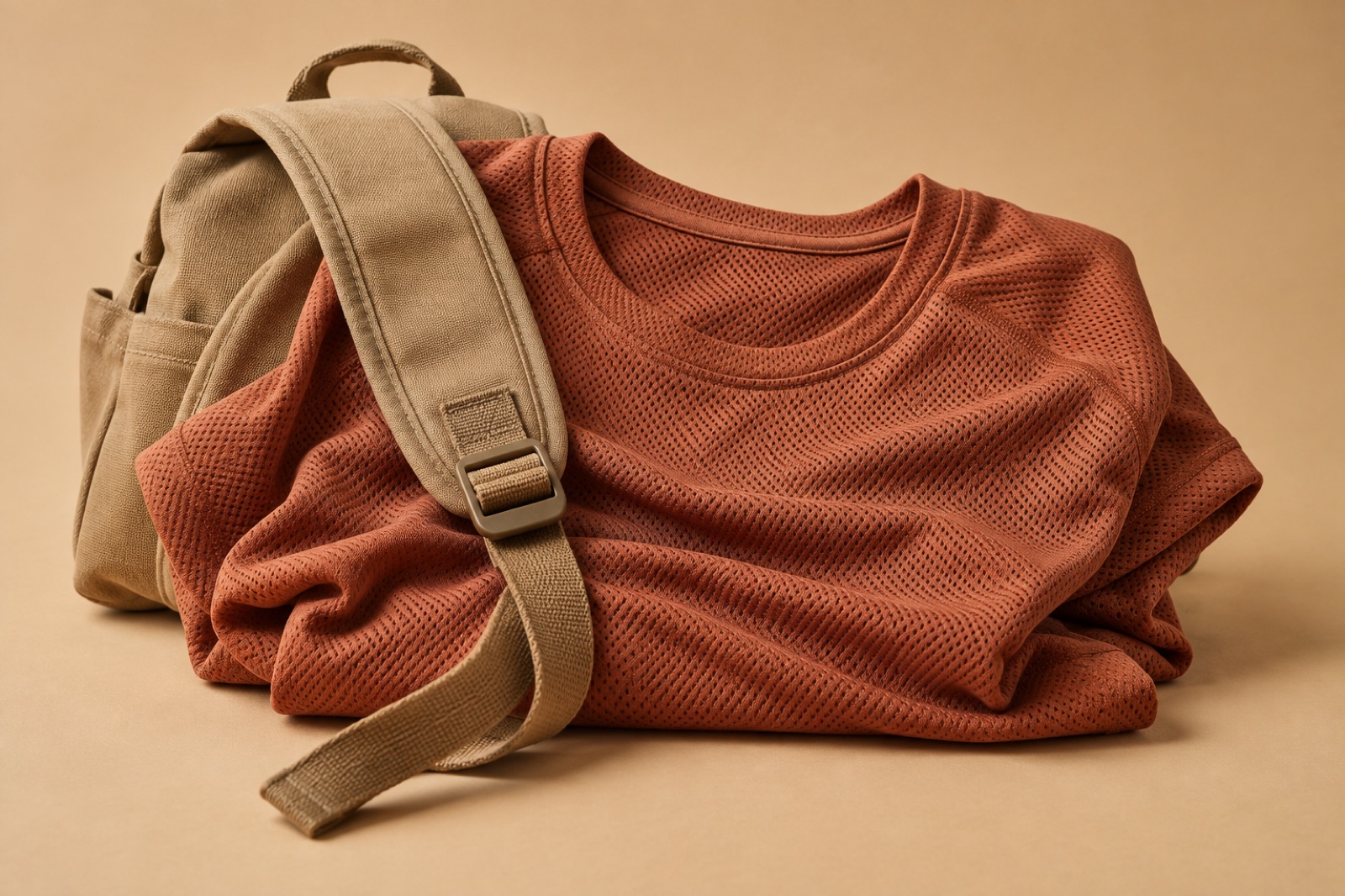 A folded brick-red T-shirt with a perforated pattern on a beige background, with a khaki bag strap draped across it