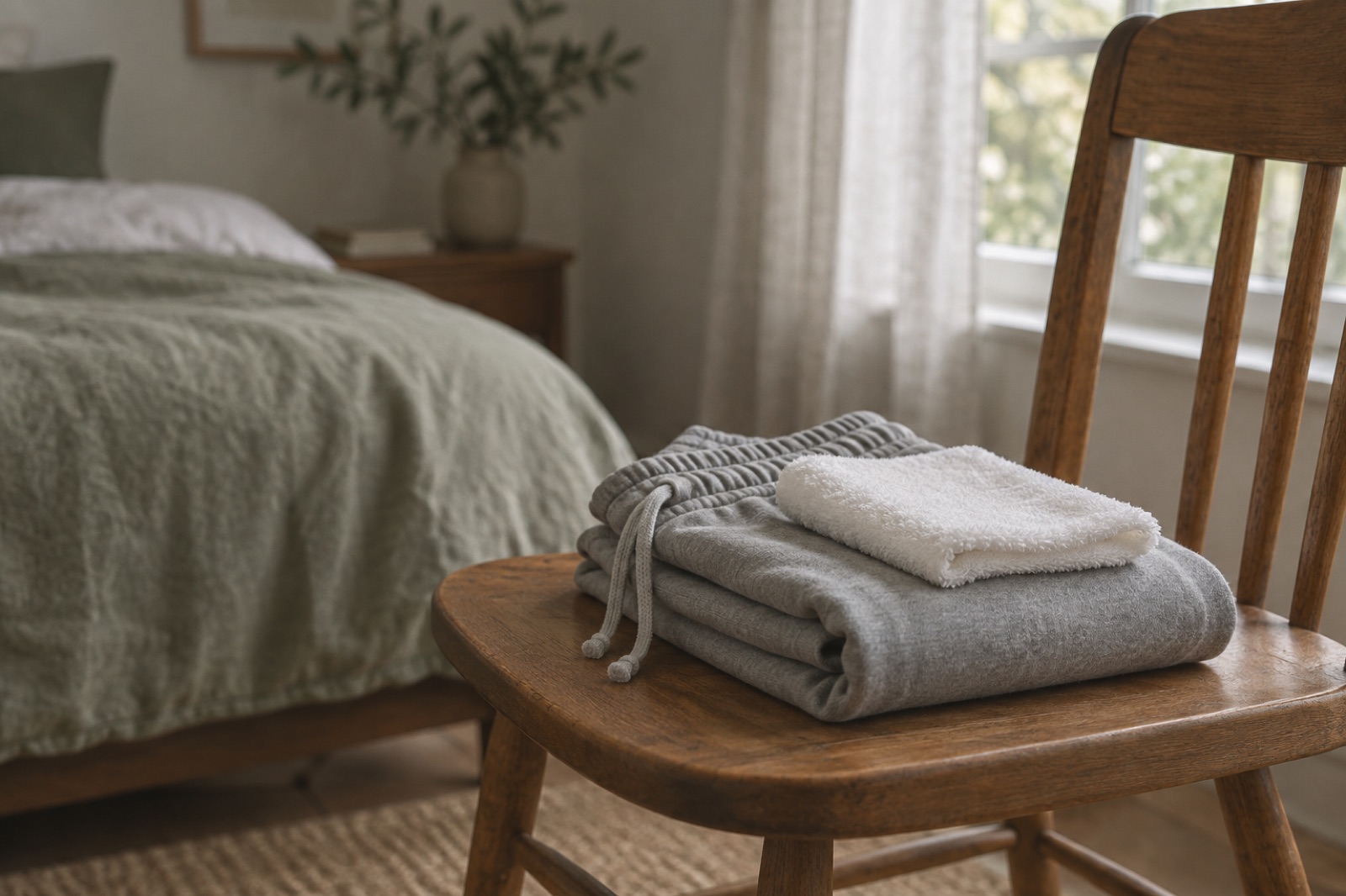 Gray drawstring pants and a small white towel folded on a wooden chair beside a bed by the window