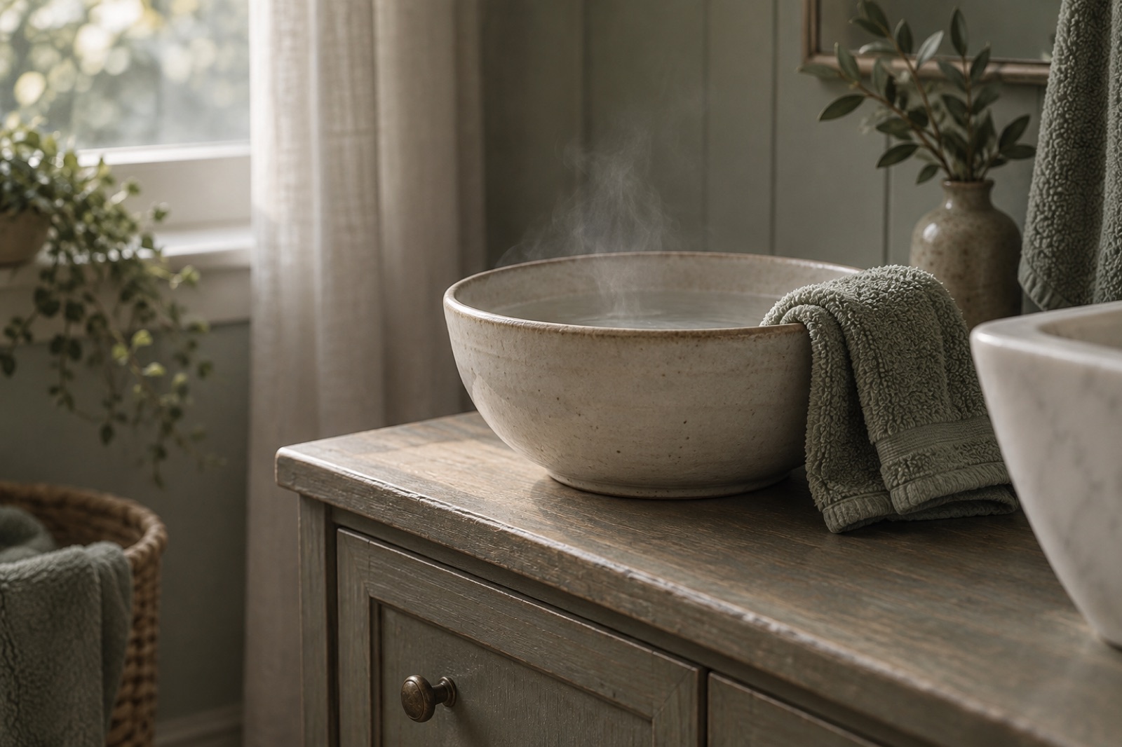A steaming ceramic basin with a green towel draped over its rim on a wooden cabinet by a window