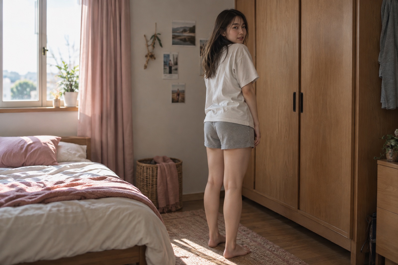 A woman in a white T-shirt and loose gray shorts glancing back in front of a closet in a sunlit bedroom