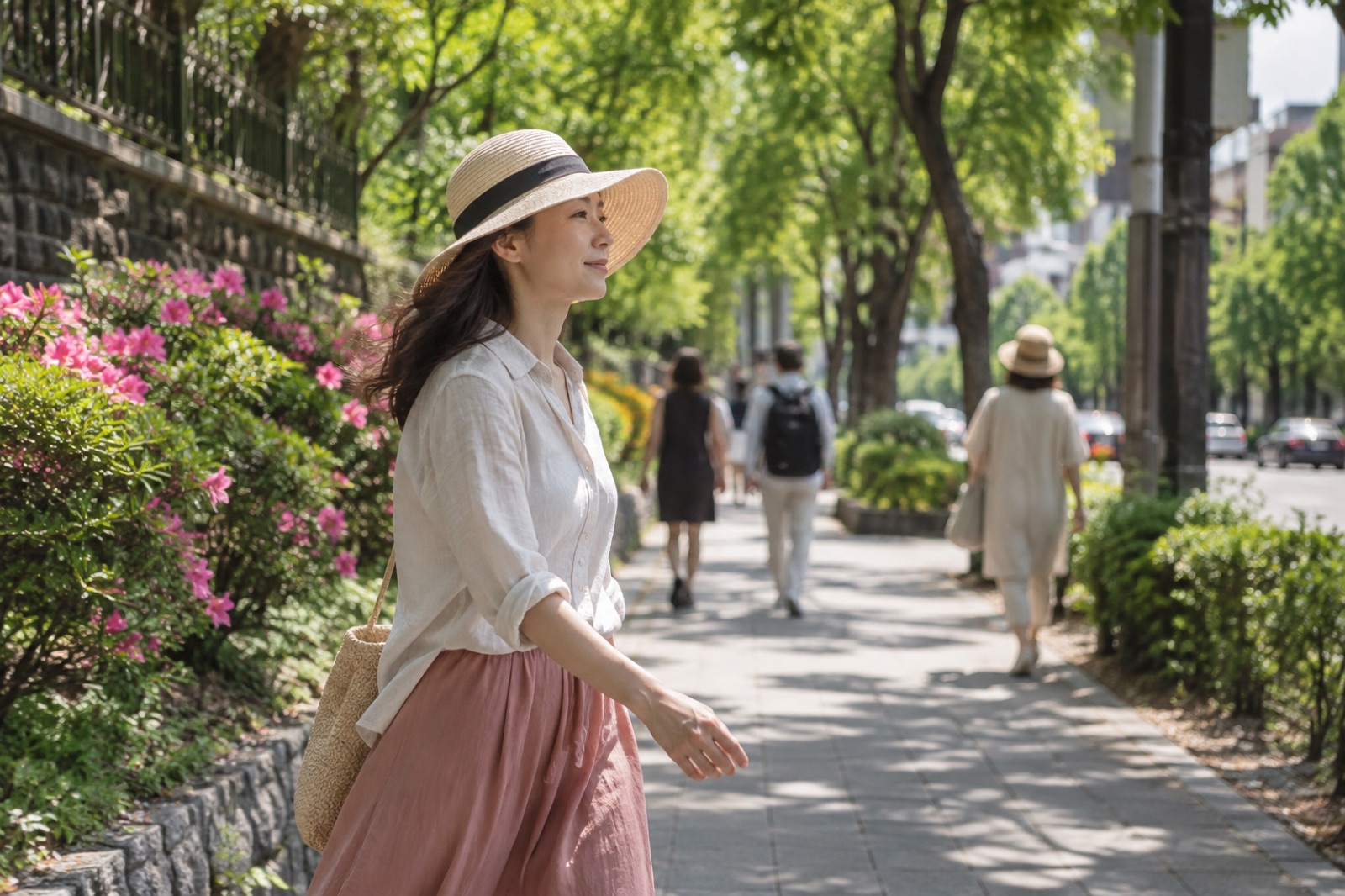 A woman in a straw hat and white shirt walking down a sunny tree-lined street with pink azaleas in bloom