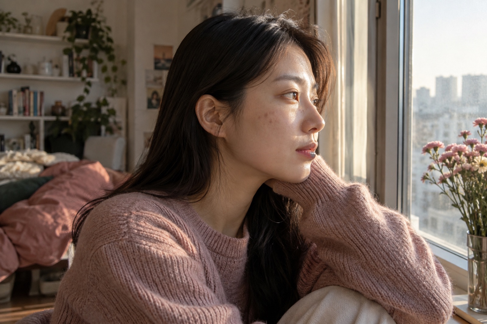 Side view of a woman in a pink sweater resting her chin in her hand and looking out a sunny window, with faint brown spots visible near her cheekbone