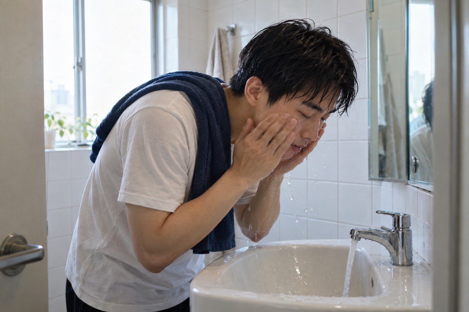 A man in a white T-shirt with a navy towel over his shoulders, leaning over a sink in a white-tiled bathroom and washing his face with both hands