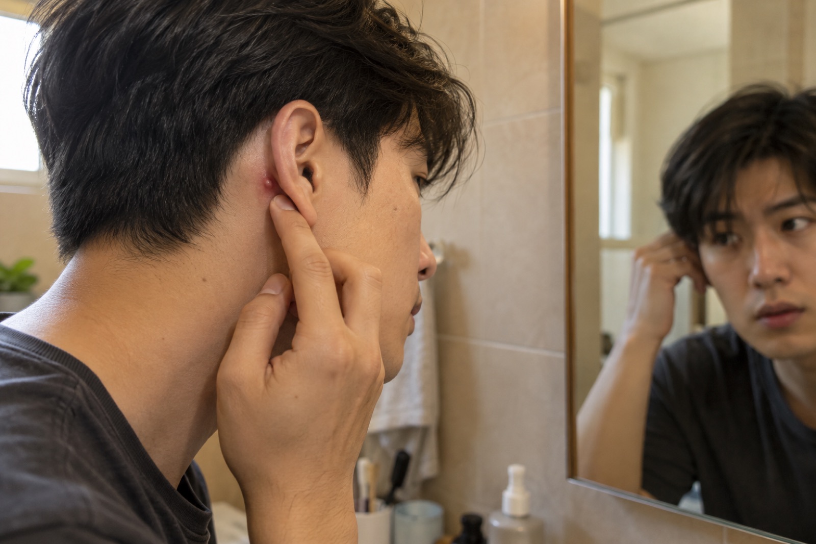 A man looking into a bathroom mirror, folding his ear forward with a finger to reveal a single red bump behind it