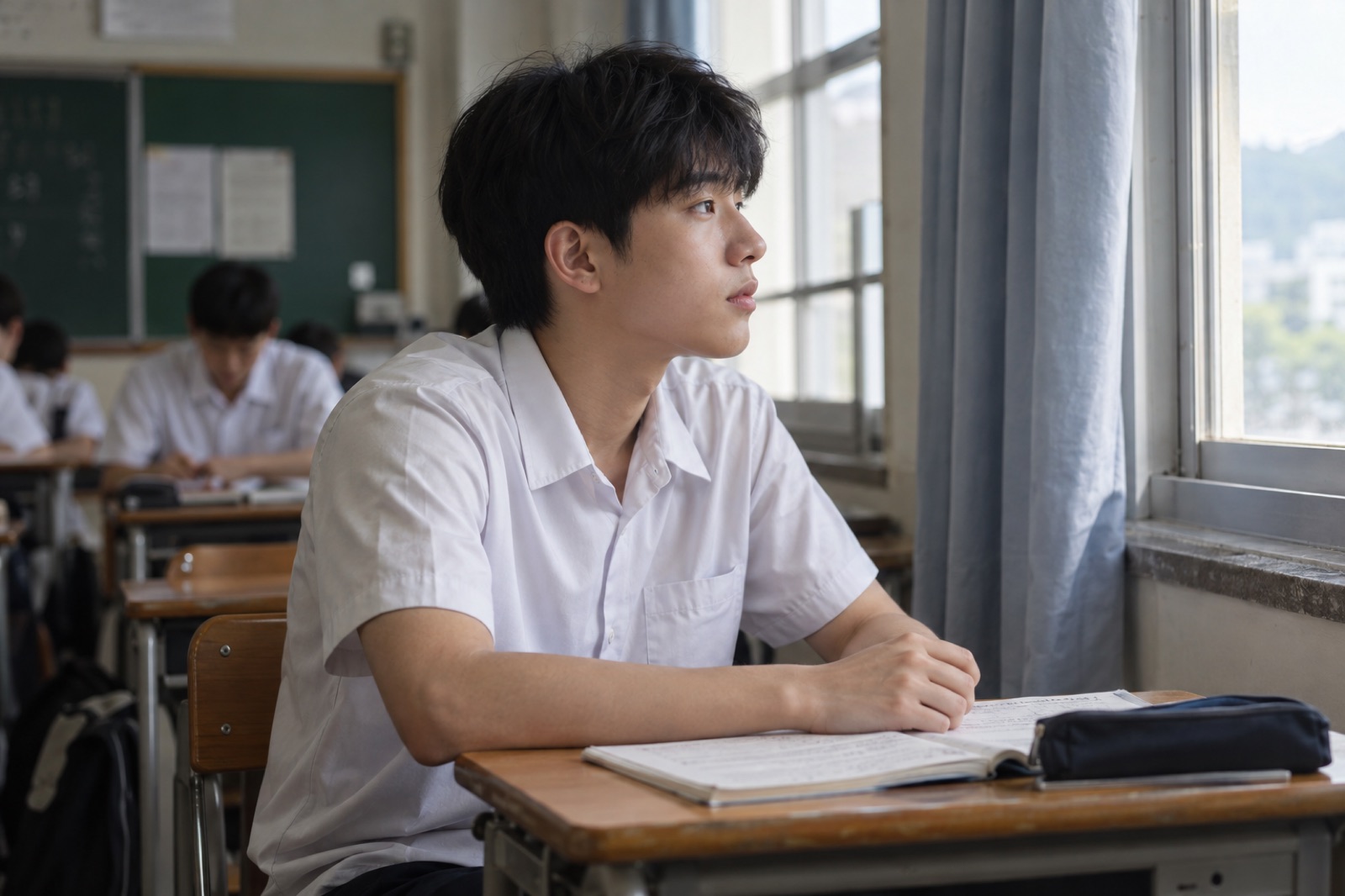 白い半袖シャツの男子生徒が、教室の窓ぎわの席で開いた本の上に腕をのせ、窓の外を見ている横顔