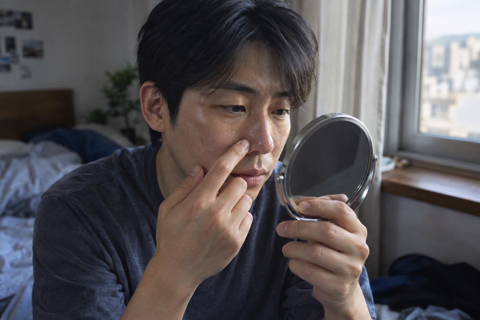 寝室の窓辺で紺色のTシャツの男性が丸い手鏡を持ち、人さし指で小鼻の横をさわって確かめている様子