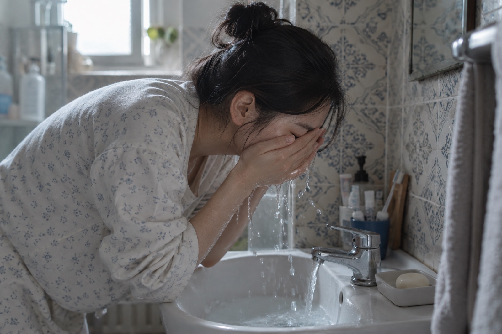 A woman in pajamas bending over a sink in a bathroom with blue patterned tiles, splashing water on her face with cupped hands