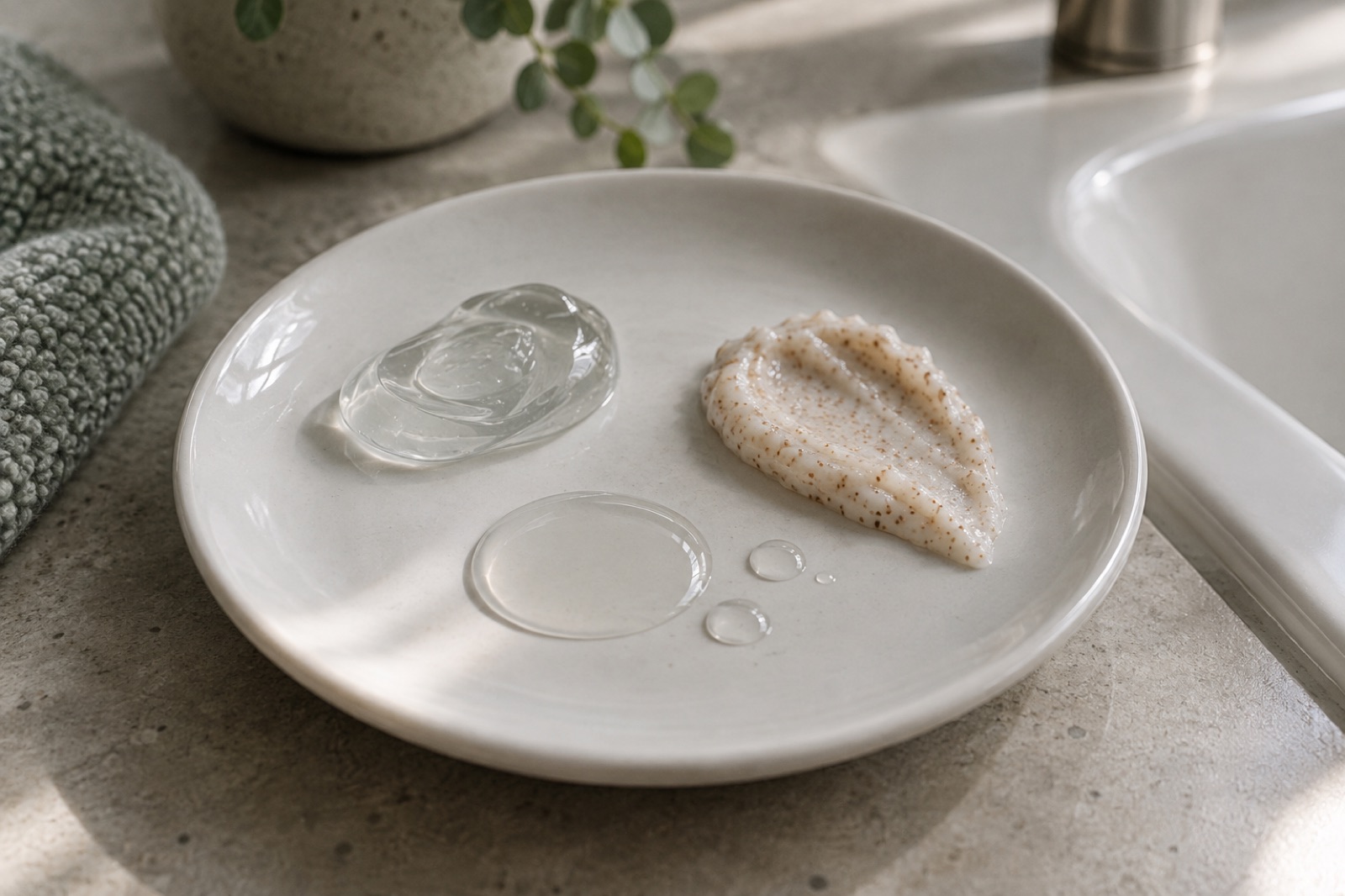 Chiếc đĩa tròn màu trắng cạnh bồn rửa, đặt riêng một cục gel trong suốt, một ít kem lẫn hạt nâu và vài giọt chất lỏng trong