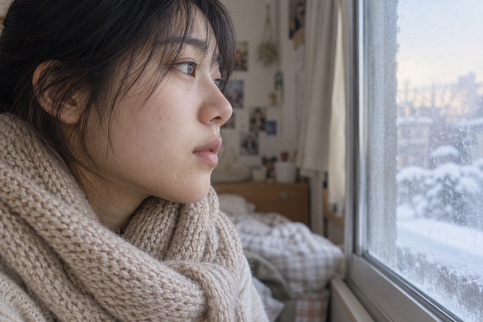 눈 덮인 바깥이 보이는 창가에서 두꺼운 니트 목도리를 두른 여성이 창밖을 보는 옆얼굴
