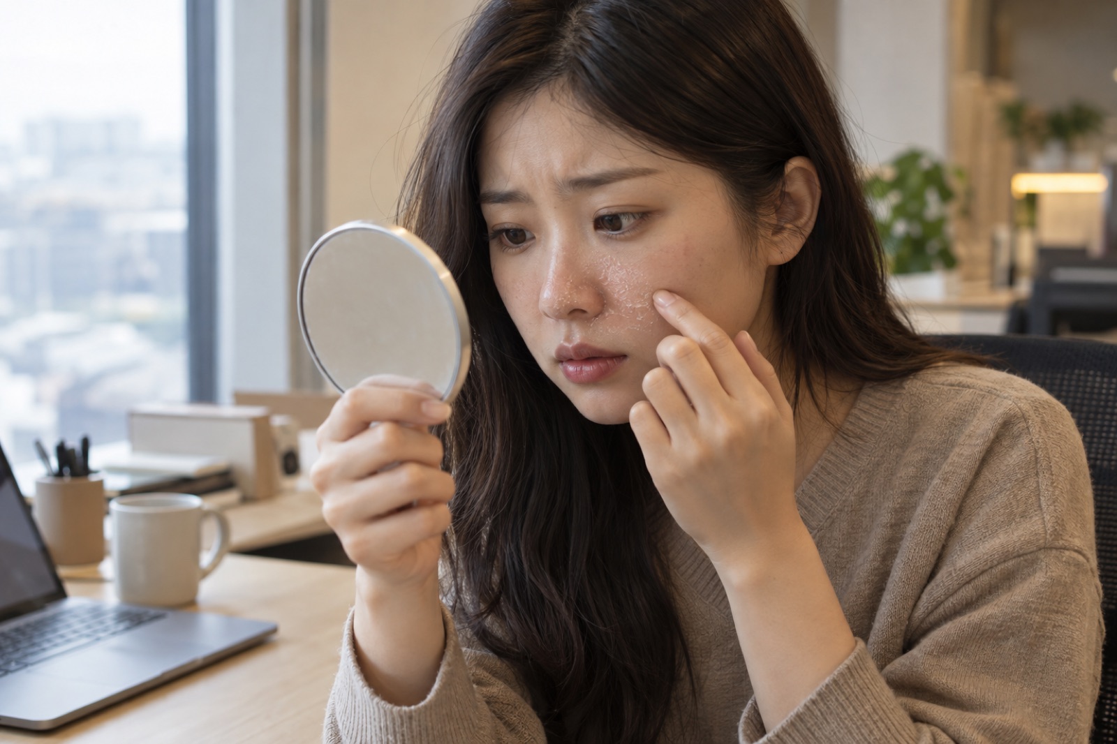 노트북과 머그잔이 놓인 책상에서 둥근 손거울을 든 여성이 하얗게 일어난 볼을 손끝으로 짚는 모습
