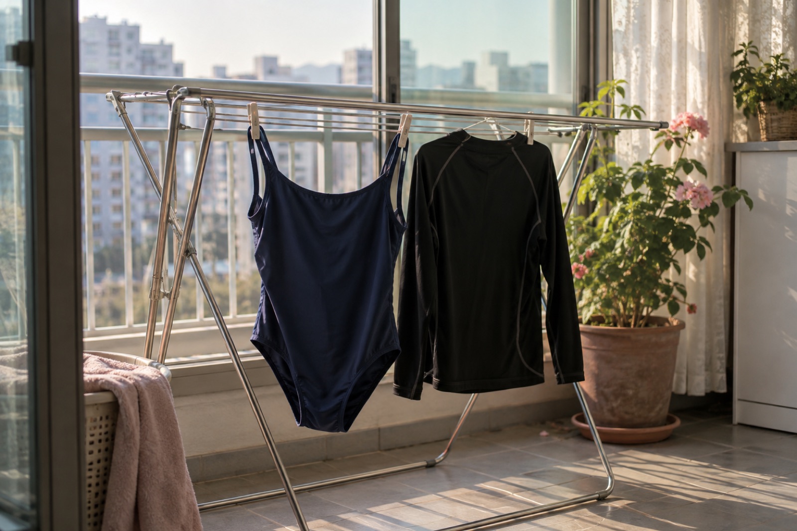 Navy swim trunks and a black long-sleeve rash guard clipped to a drying rack by a sunny balcony window