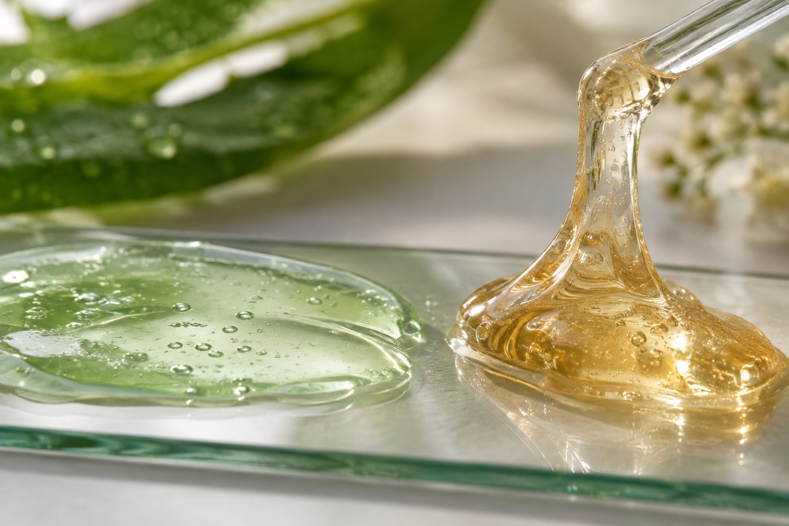 A pale green runny gel spread wide on a glass plate while a thick amber gel drips from a glass rod beside it
