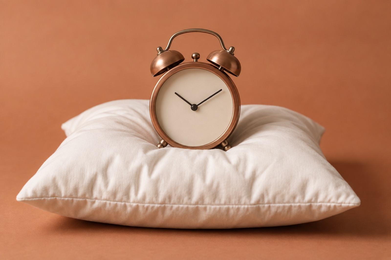 A copper bell alarm clock set on a plump white cushion against a solid orange background