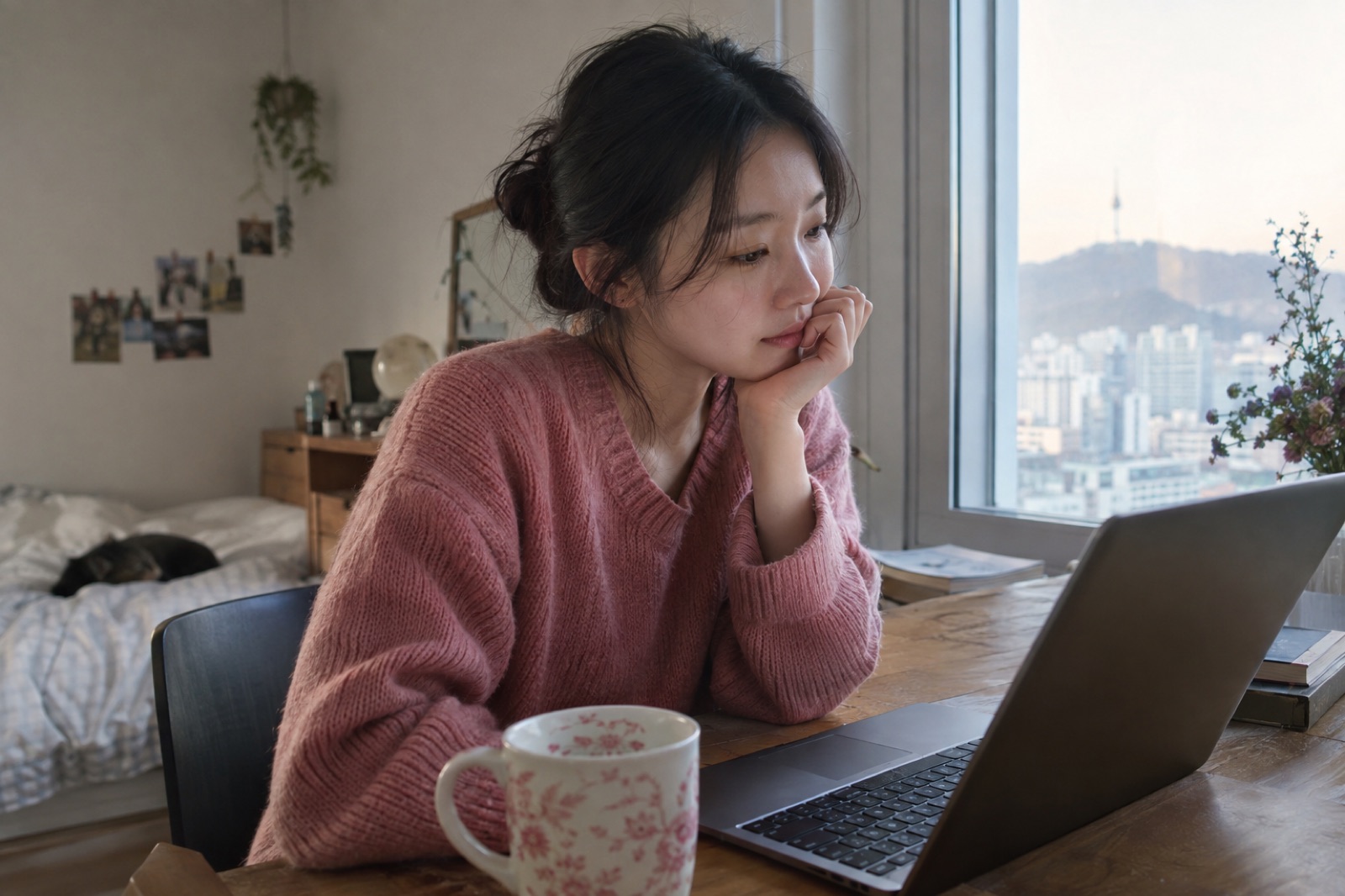 A woman in a pink sweater resting her chin on the back of her hand, looking at a laptop at a desk with a city view outside the window