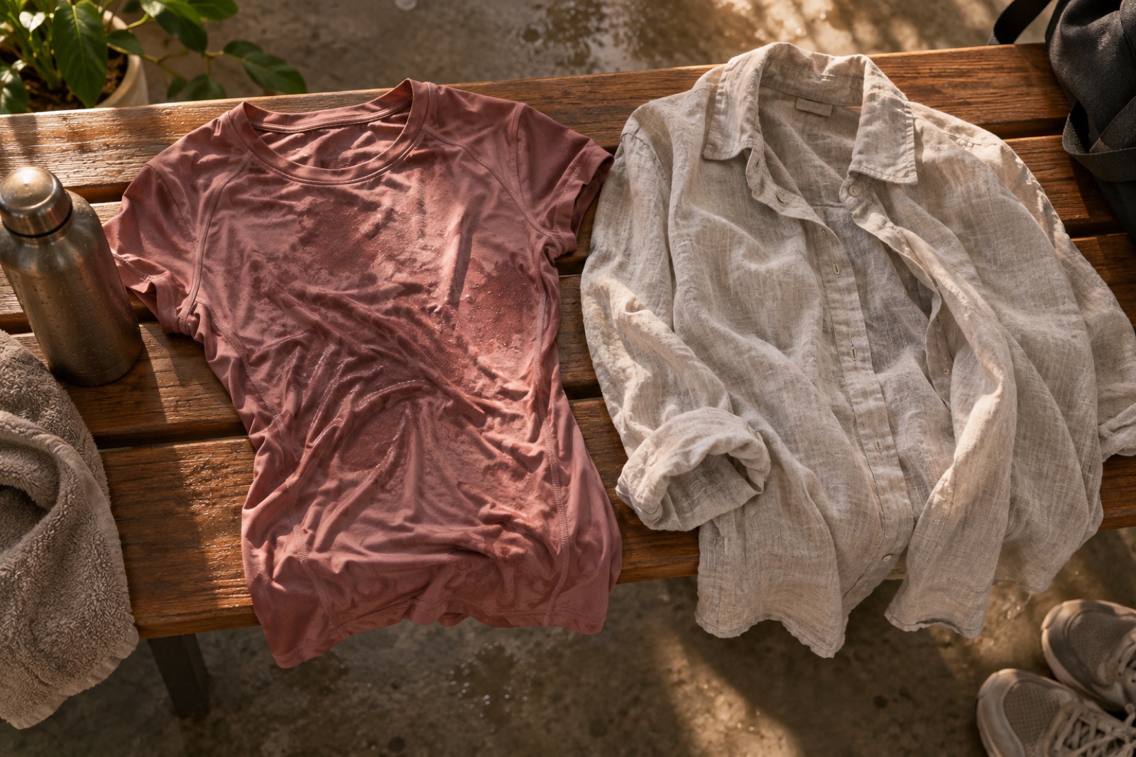 A pink athletic T-shirt with spreading sweat marks next to a crumpled linen shirt on a wooden bench, with a water bottle and sneakers beside them