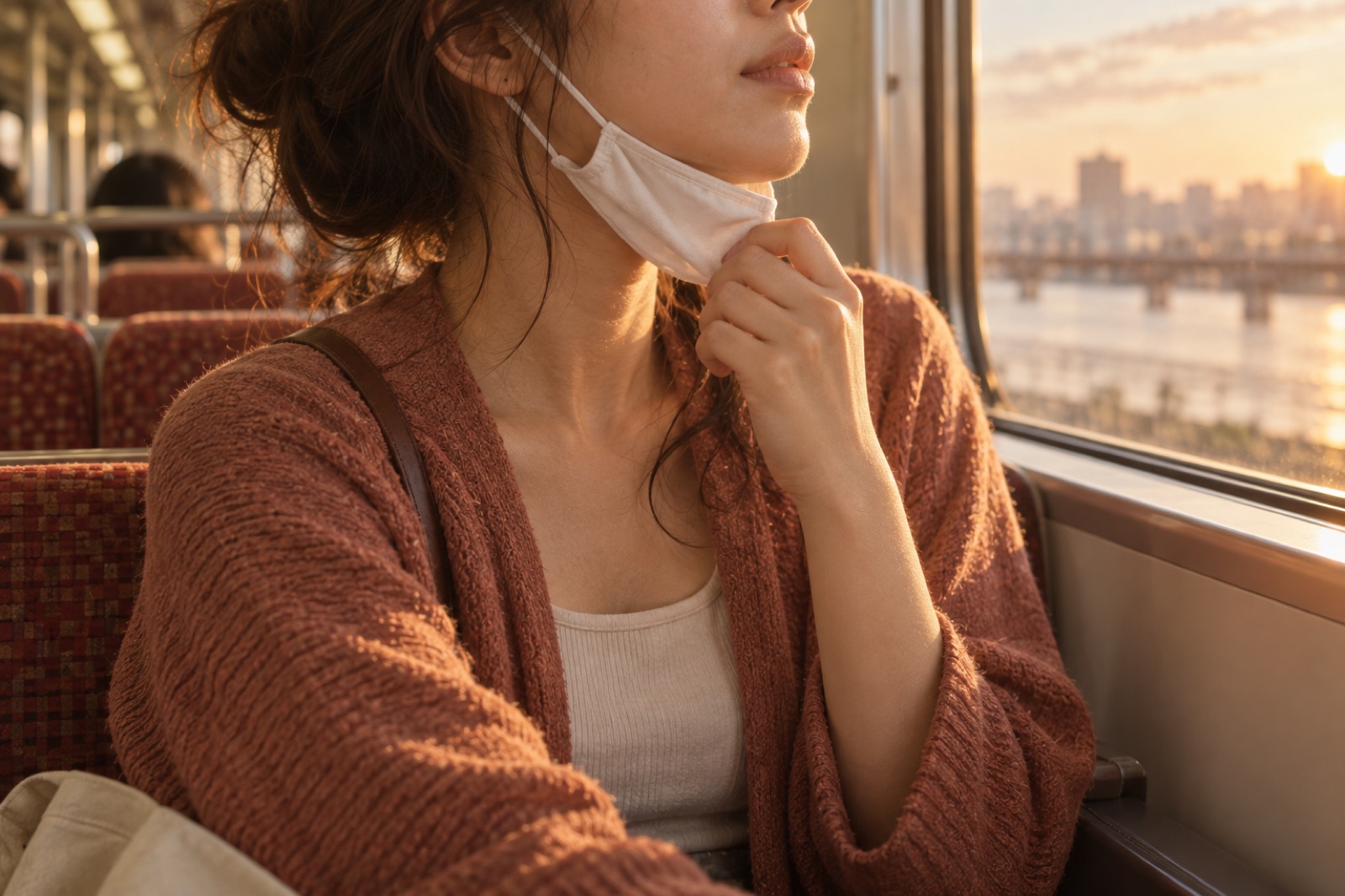 夕暮れの川を渡る電車の中で、赤いカーディガンの女性が指先でマスクをあごの下まで引き下げている様子