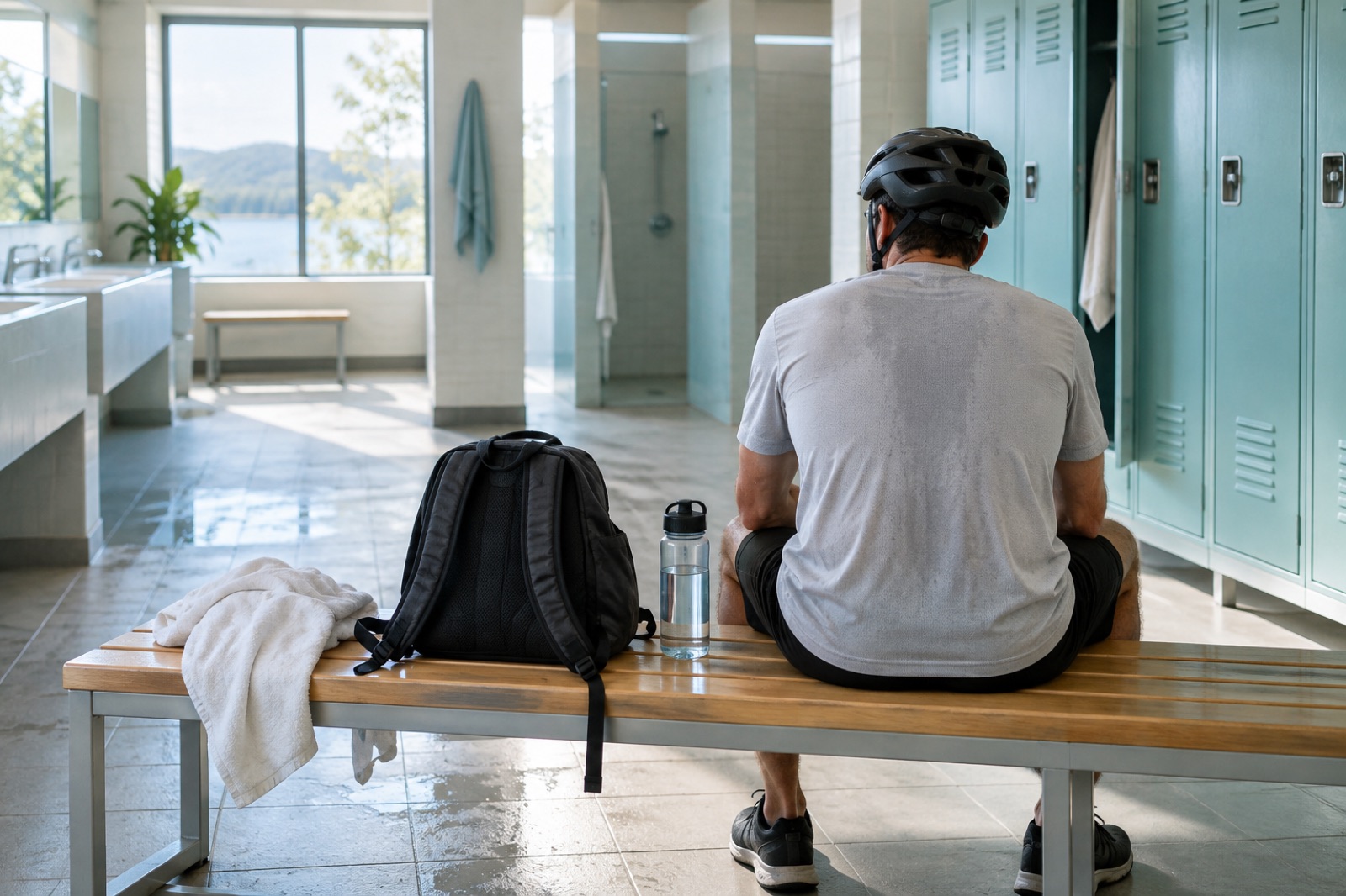 Back view of a man sitting on a locker-room bench with a bike helmet still on, with a backpack, water bottle and towel next to him