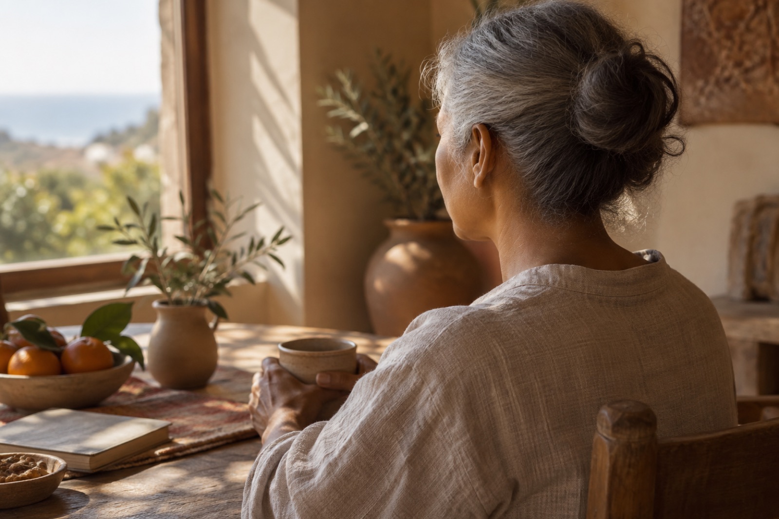 Back view of a woman at a window-side table cupping a teacup, her gray hair twisted up and her linen collar showing at the nape