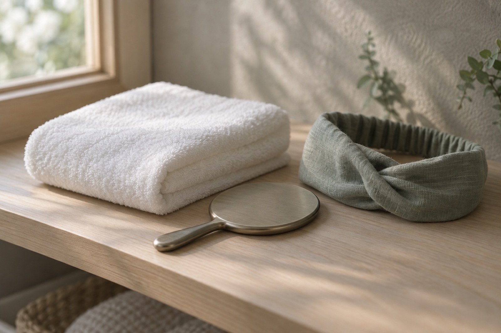 A white towel, a round hand mirror and a green headband lined up on a wooden shelf by a window