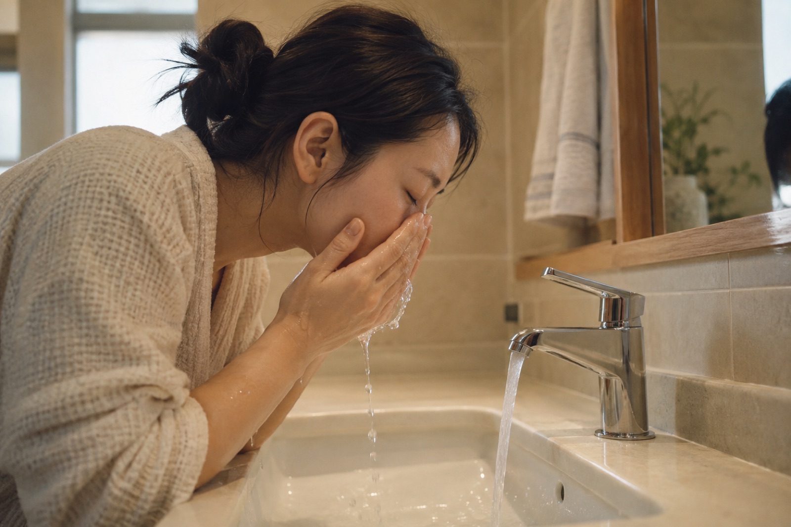 머리를 틀어 올린 여성이 물 흐르는 수도꼭지 앞에 몸을 숙이고 두 손으로 코와 입가를 감싸 씻는 옆모습