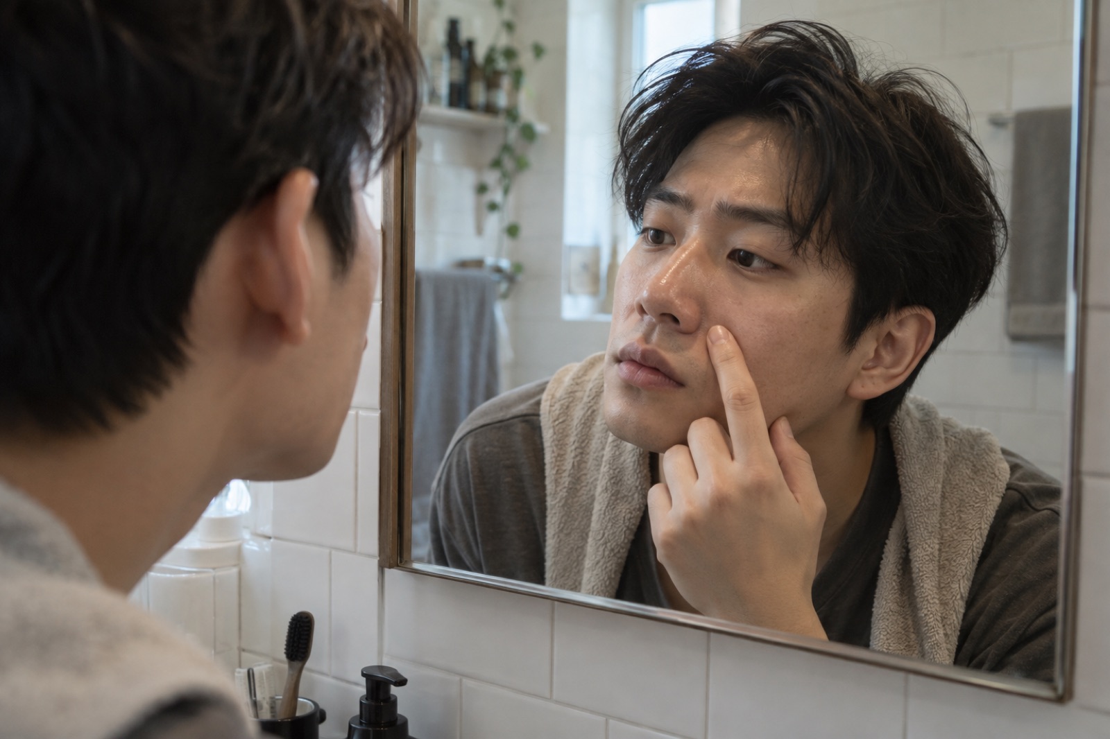 목에 수건을 두른 남성이 욕실 거울 앞에서 검지로 콧방울 옆 뺨을 짚으며 들여다보는 모습