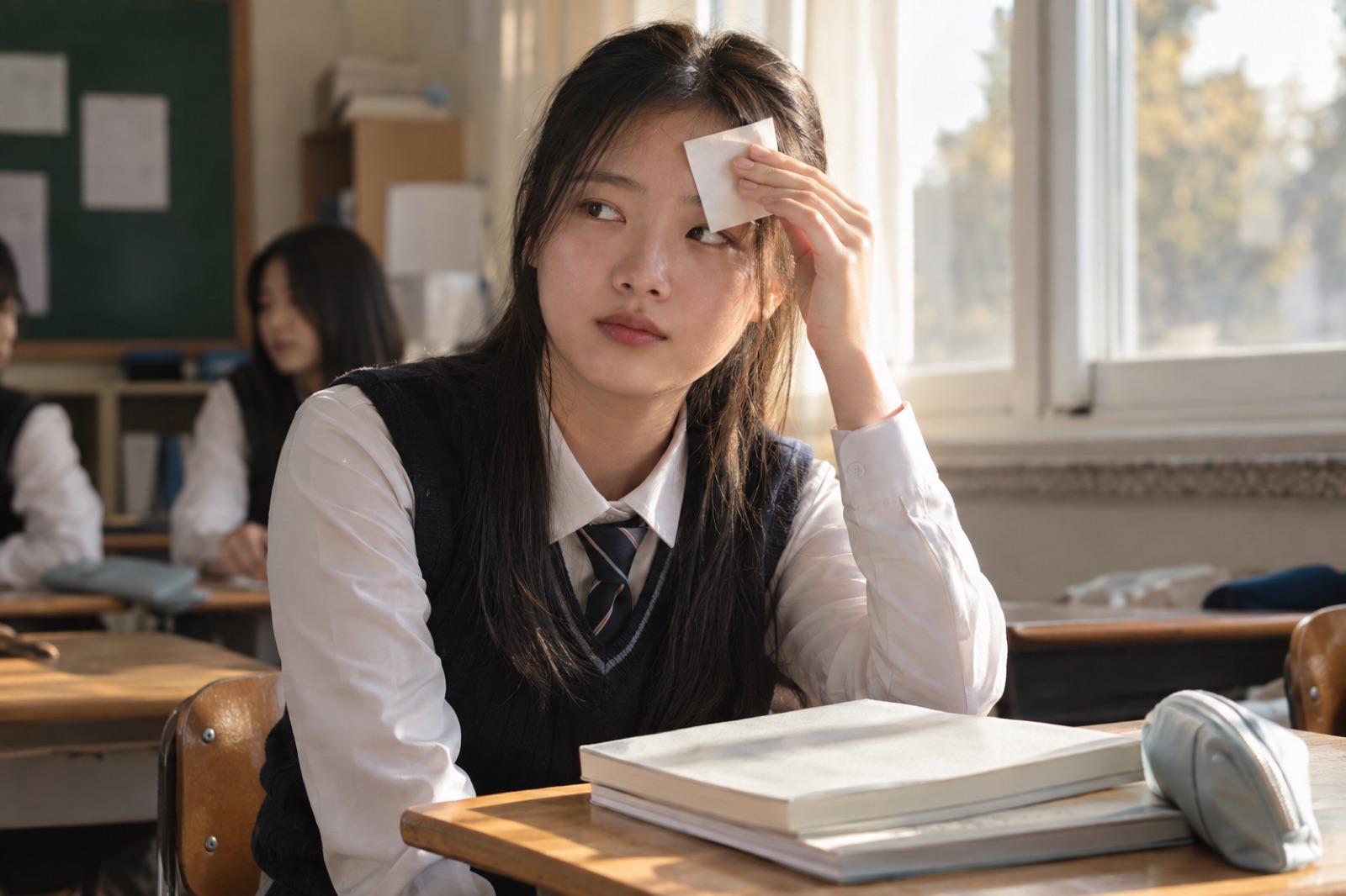 햇살 드는 교실 자리에서 교복 차림 학생이 한 손으로 이마에 흰 종이를 누르고 있는 모습