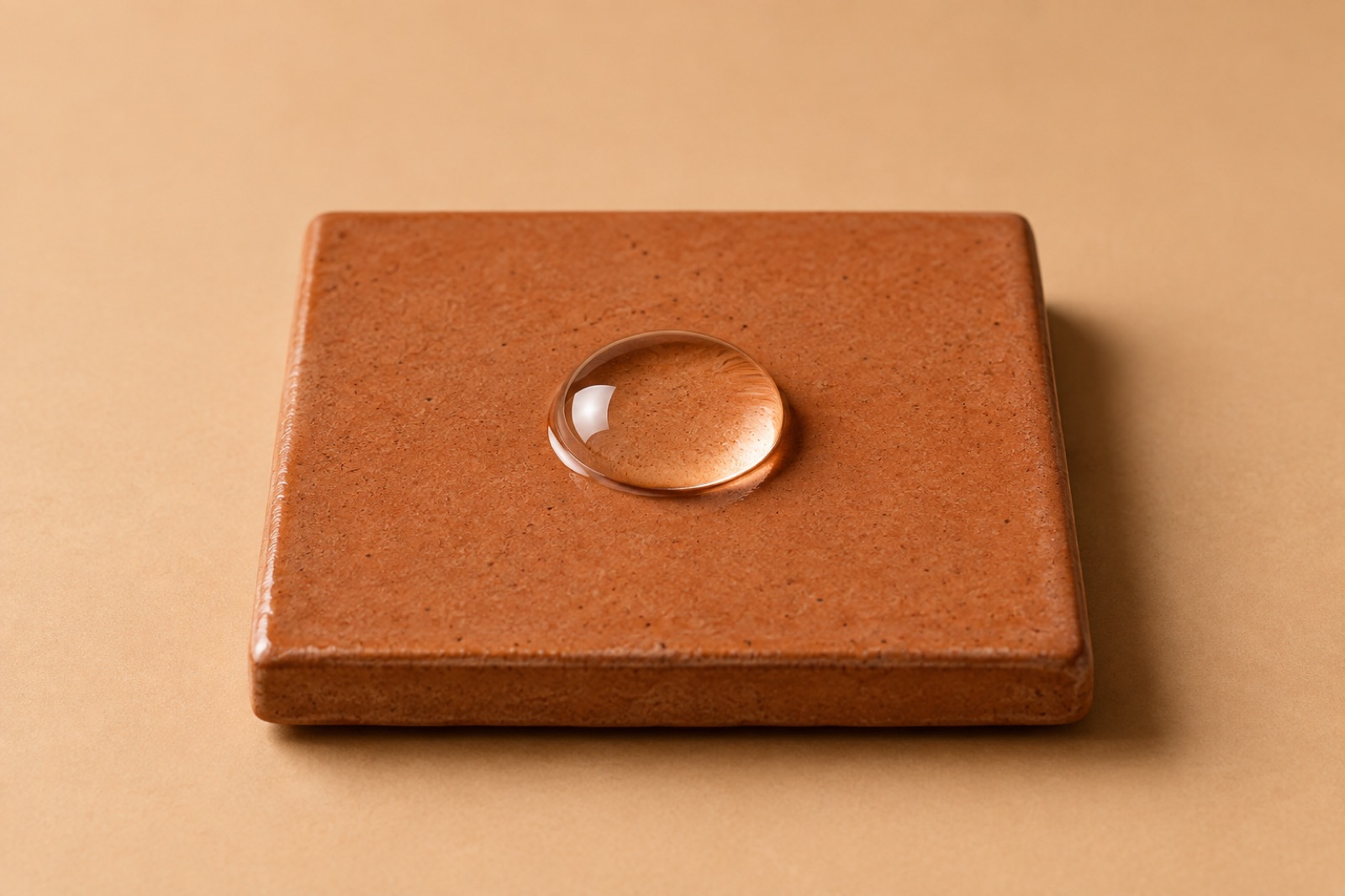 A square brick-red tile on an apricot background, photographed at an angle with a single clear drop domed in the center