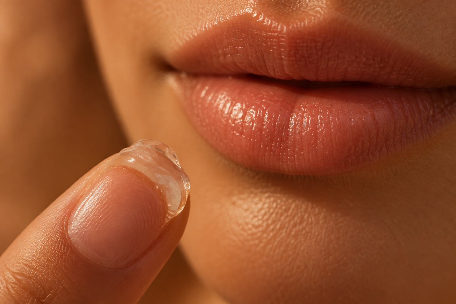 A fingertip held out in front of full lips, with a clear gel texture piled on top, in close-up