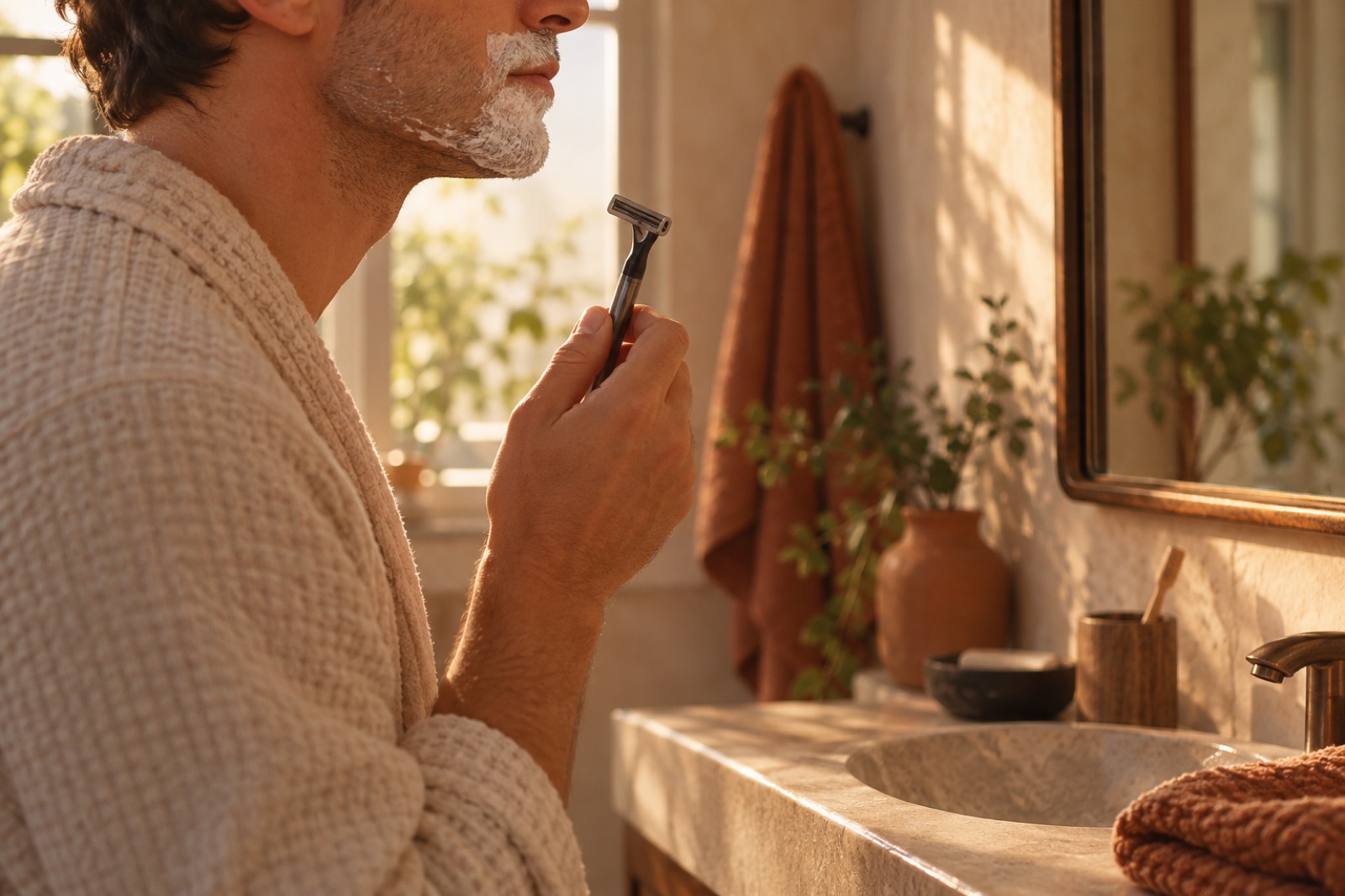 A man in a waffle robe at a sunlit bathroom sink, the area around his mouth covered in white foam, holding a safety razor