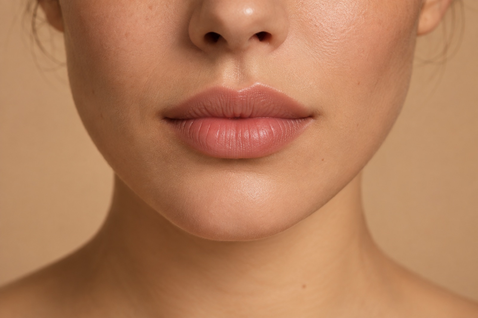 The lower part of a woman’s face cropped in front of an apricot background, showing the sides of the nose, the groove above the lip, pink lips and the tip of the chin