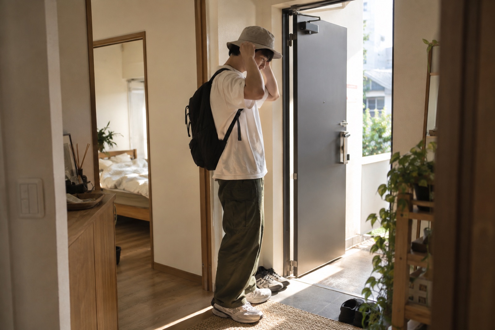 A man in a white T-shirt with a backpack pulls a bucket hat down with both hands in front of a sunlit open front door