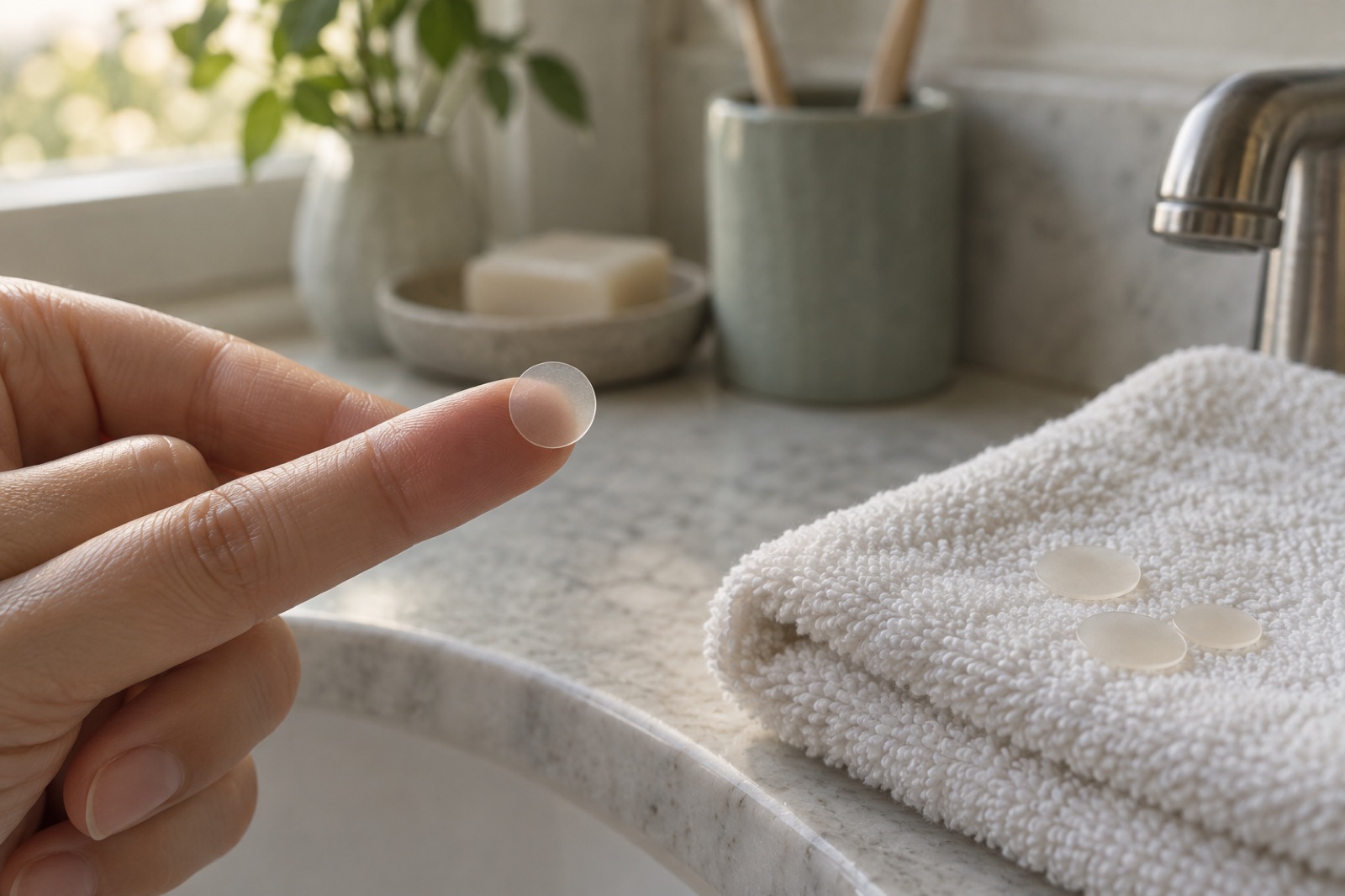 A clear round patch balanced on an index fingertip at the edge of a marble sink, with a few more resting on a towel