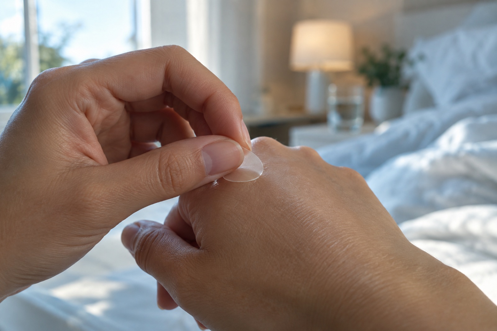 In a room with a blurred bed and lamp, a thumb and index finger lifting the edge of a clear patch off the back of a hand