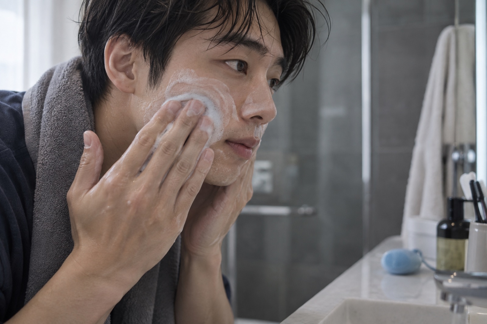 수건을 목에 두른 남성이 세면대 거울 앞에서 양손 손가락으로 볼에 흰 거품을 펴는 모습