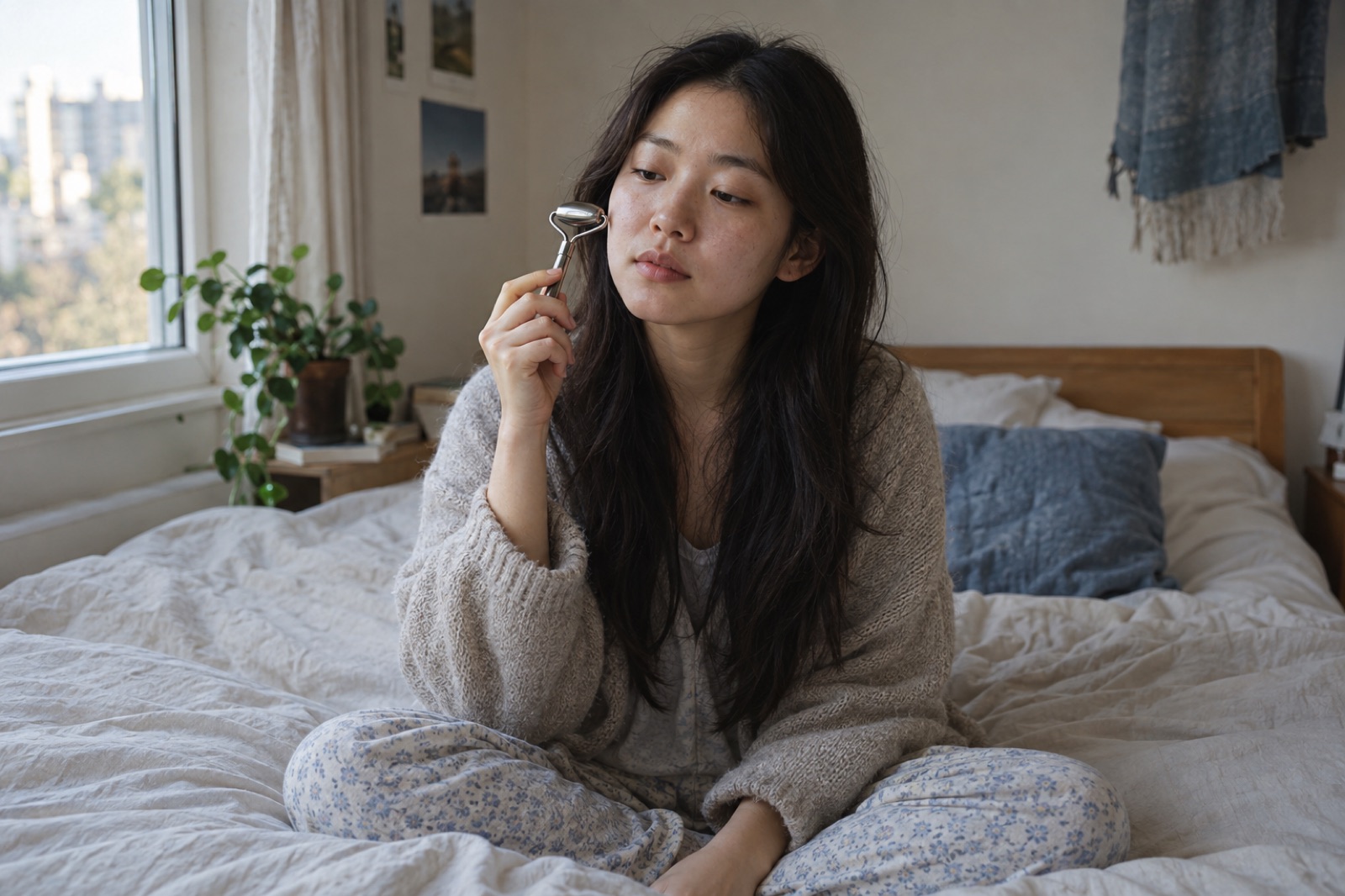 침대 위에 양반다리로 앉은 여성이 은색 얼굴 마사지 롤러를 볼 가까이 들고 있는 모습