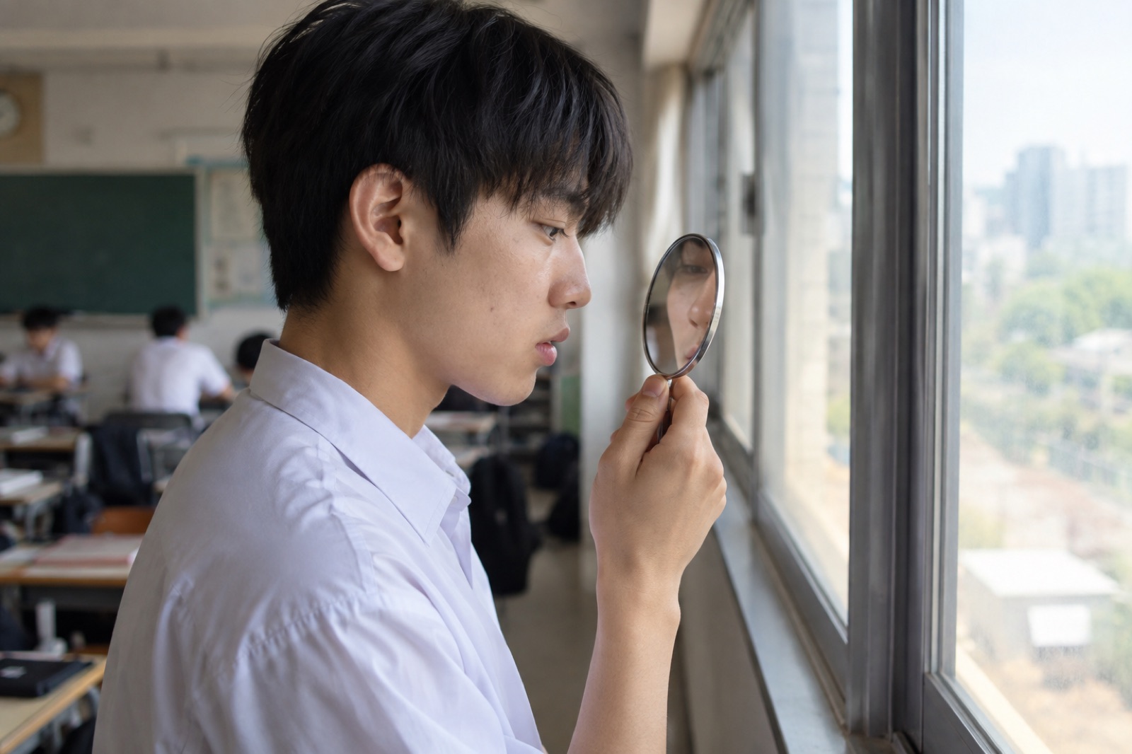 Một học sinh mặc áo sơ mi trắng tay ngắn đứng cạnh cửa sổ lớp học, cầm chiếc gương tròn nhỏ sát mặt, nhìn từ bên cạnh