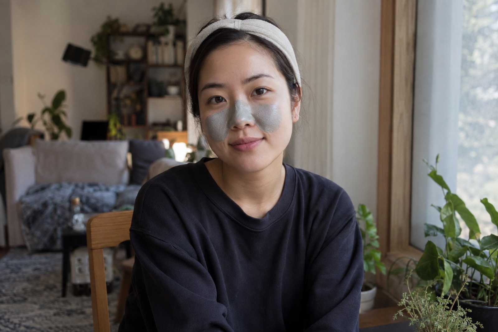 Một phụ nữ đeo băng đô vải ngồi cạnh chậu cây, mỉm cười, lớp mặt nạ xám nhạt chỉ đắp trên mũi và hai má