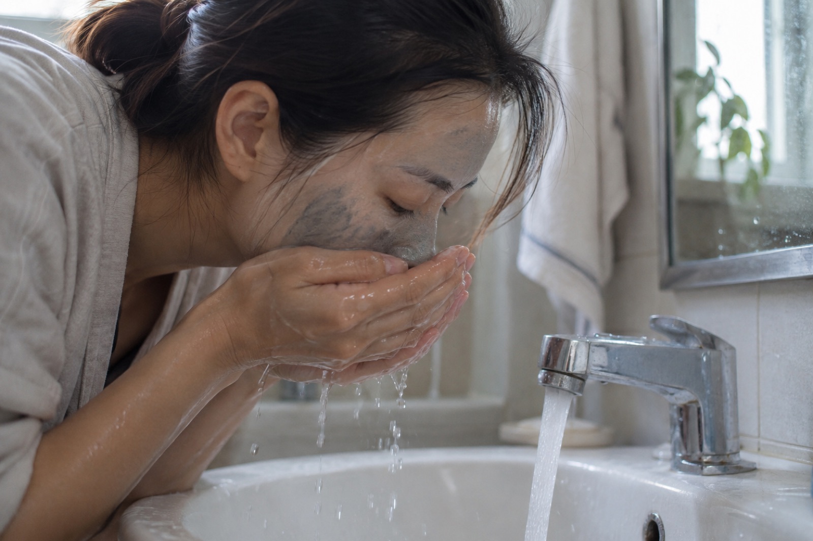 A woman leaning over running tap water, rinsing a gray mask off her face with cupped hands
