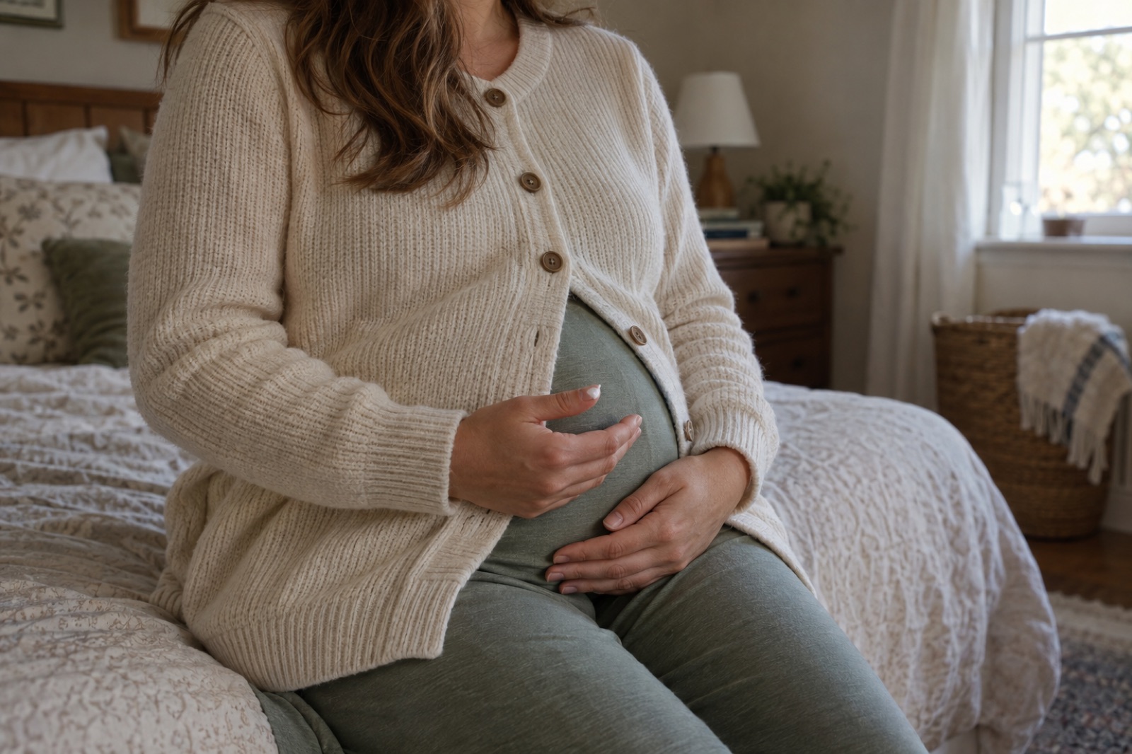 ベッドの端に座ったクリーム色のカーディガンの妊婦が両手をおなかに当て、片方の指先に白いクリームがついている