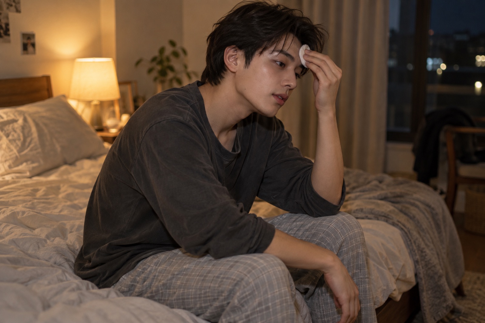 A man sitting at the end of a bed in a room lit by a desk lamp, holding a round white cotton pad to his forehead