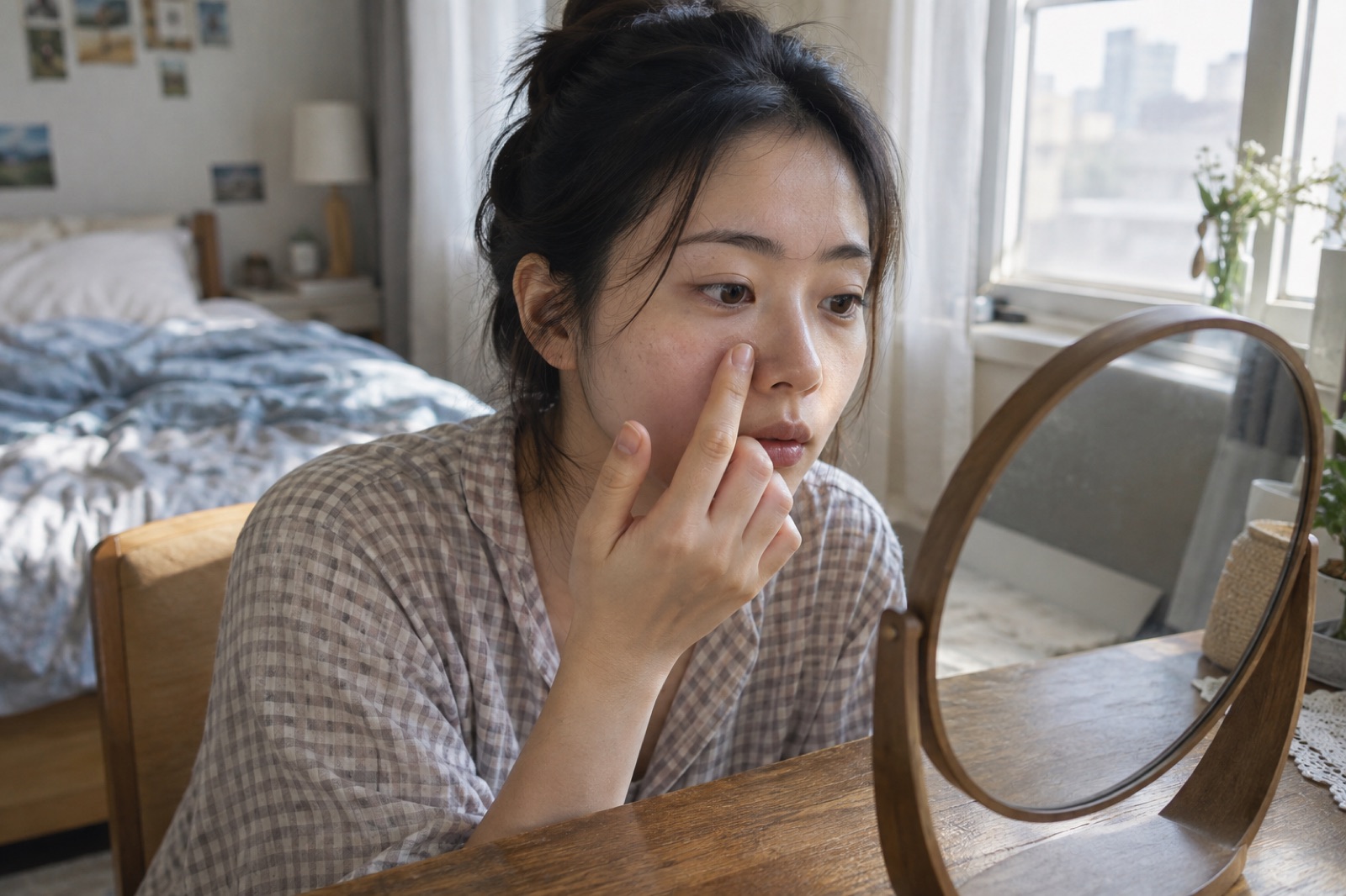 A woman sitting in front of a round tabletop mirror, touching the cheek beside her nostril with her index finger and looking closely