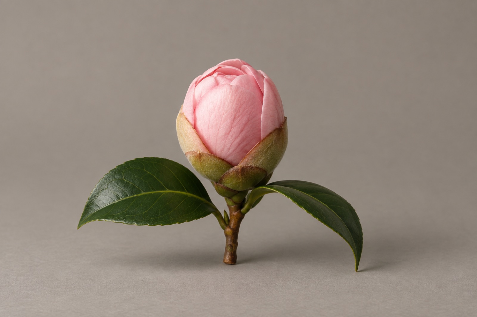 A pink camellia bud with two dark green leaves, its petals still closed, against a gray background
